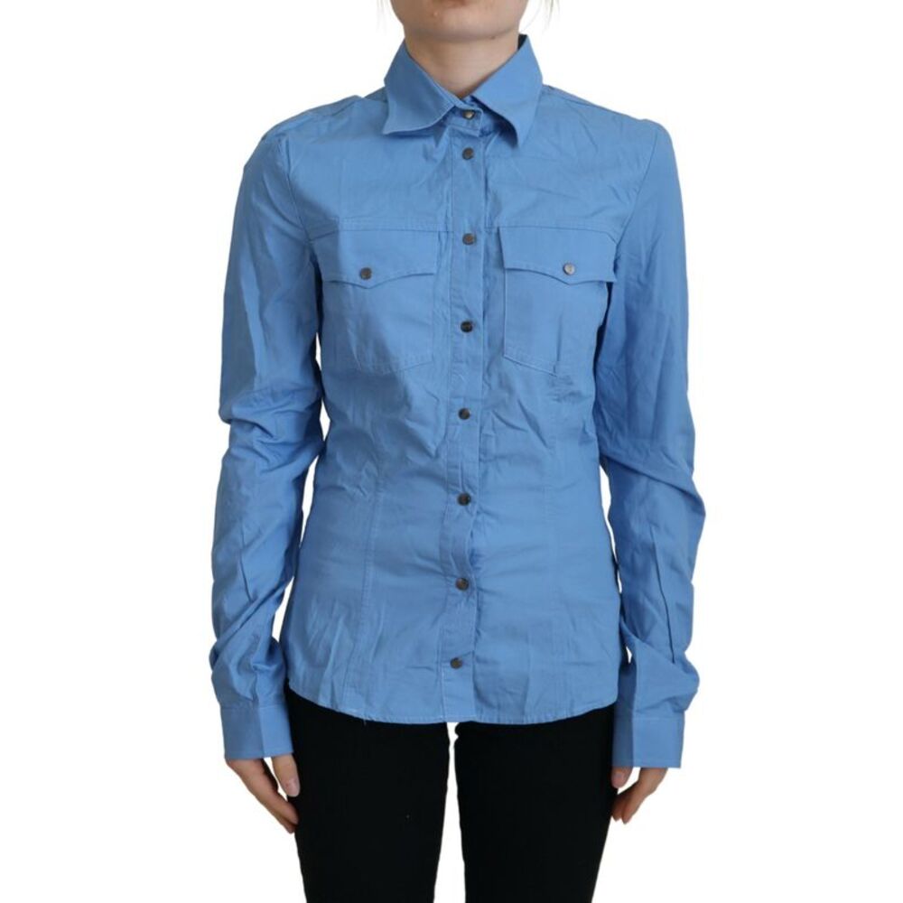 Ferre Blue Cotton Long Sleeves Collared Button Down Women's Top